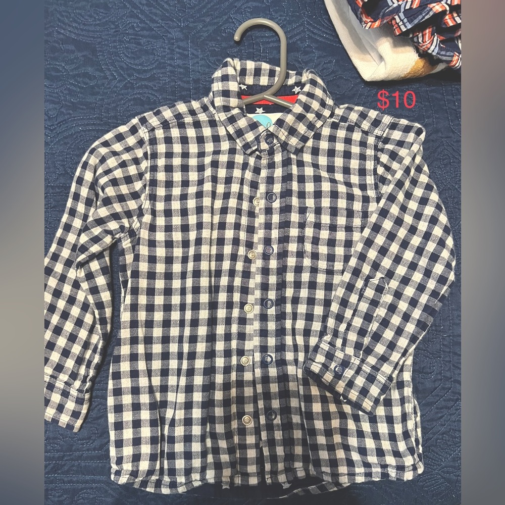 Boys navy and white gingham button up shirt